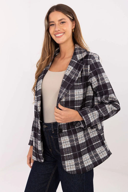 blazer femme carreaux larges noir blanc écru coupe droite boyfriend col tailleur bouton unique poches avant manches longues