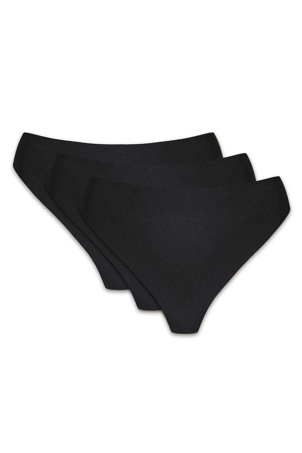 lot trois strings noirs sans couture taille haute jambe échancrée tissu lisse extensible finition bord invisible maintien confortable gousset coton