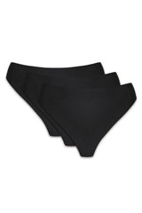 lot trois strings noirs sans couture taille haute jambe échancrée tissu lisse extensible finition bord invisible maintien confortable gousset coton