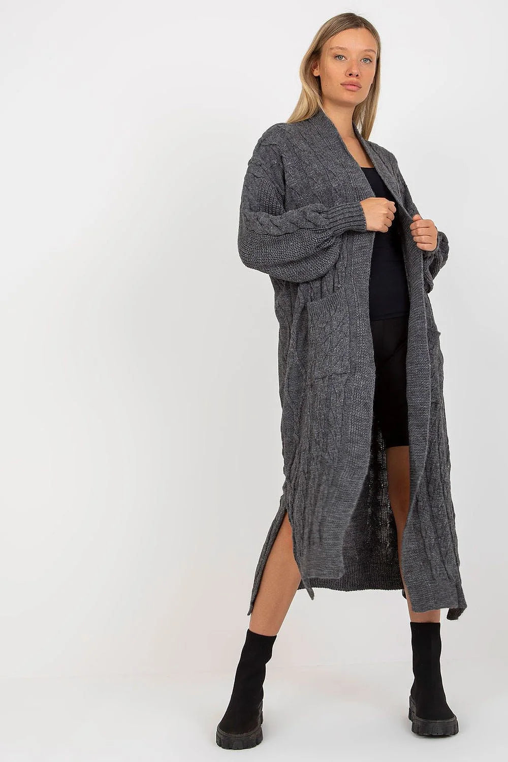 Cardigan Rue Paris pour femme long manches longues col V ouvert poches rabattables marron chocolat maille épaisse acrylique 100 % hiver automne