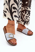 mules femme suédine bleu clair bride large boucle métallique dorée réglable plateforme liège semelle anatomique antidérapante confortable chic