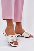 Mules femmes style élégant ouvertes cuir blanc doré H detal chaines perles carré bas talon Vinceza