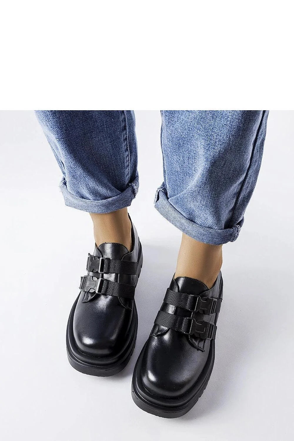 chaussures basses femmes cuir écologique noir semelle épaisse crantée antidérapante derby bout rond double brides réglables boucles doublure rembourrée confortable