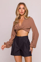 Ensemble femme crop top noué short taille haute tissu coton polyester détails élégants occasion多种