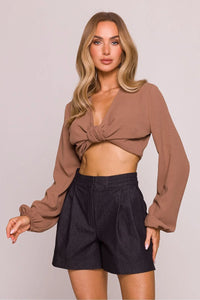 Ensemble femme crop top noué short taille haute tissu coton polyester détails élégants occasion多种