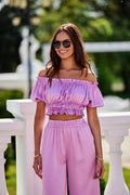 Ensemble deux pièces chemisier et shorts manches courtes encolure élastique tissu satiné lilas femme mode été