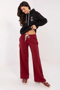 pantalon détente femme large jambe droite molleton grenat coton polyester mélangé taille élastiquée cordon blanc poches latérales confortable