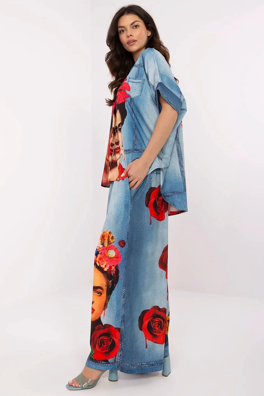 Ensemble artistique femmes tunique pantalon denim imprimé roses face Coupe droite fluides Matériaux confortables Mode audacieuse