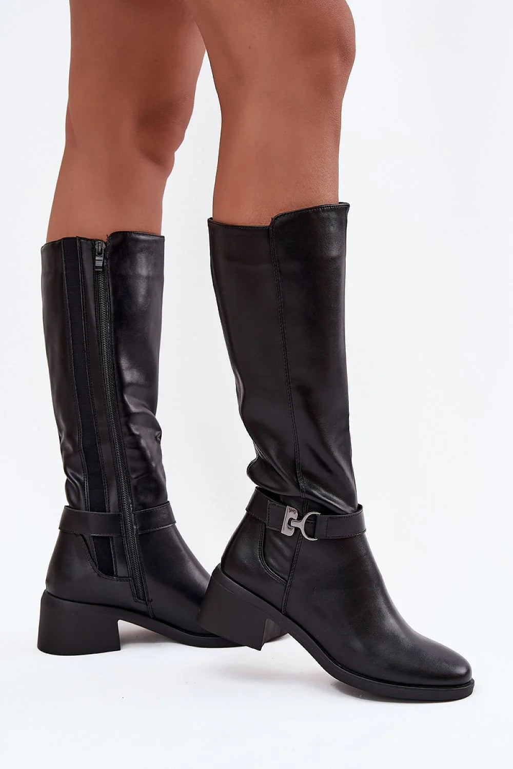 bottes femme genou simili cuir noir bout rond talon bloc bas talon6cm tige36cm doublure douce chaude fermeturezippée bride décorative bouclemétallique