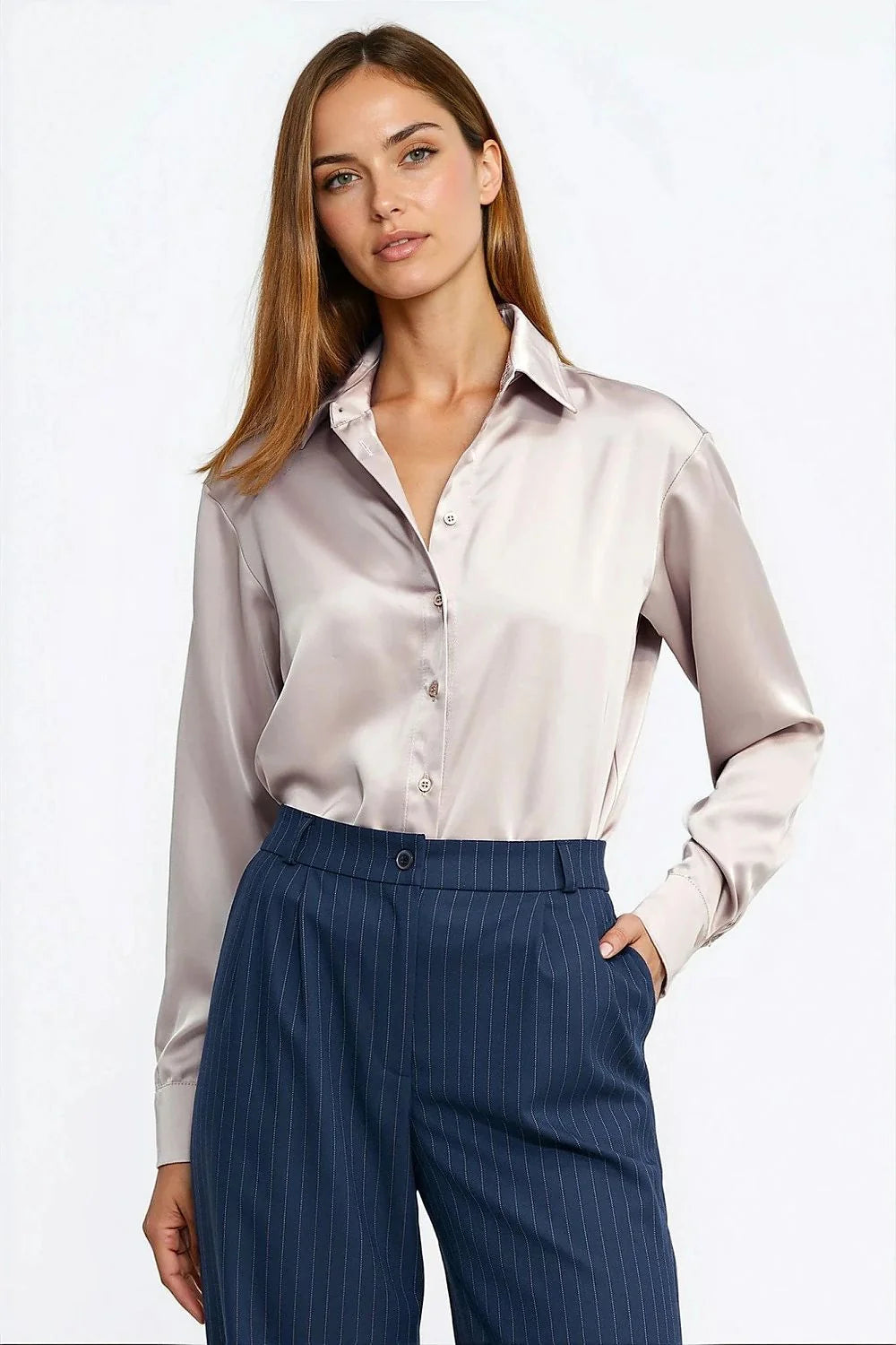 body chemise femme satin manches longues col classique boutonné satinée beige rosé empiècement culotte jersey extensible élastiqué polyvalente