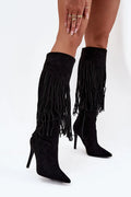 bottes femme suédine noires frangées bohème chic talon aiguille hautes bouts pointus silhouette élancée fermeture zippée semelle tissu écologique