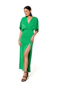 Robe de soirée élégante longue manches kimono décolleté V vert vif non doublée fermeture éclair femme