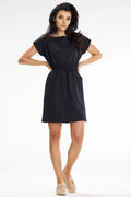 Robe de jour élégante noire épurée manches courtes col bateau taille élastiquée femmes été