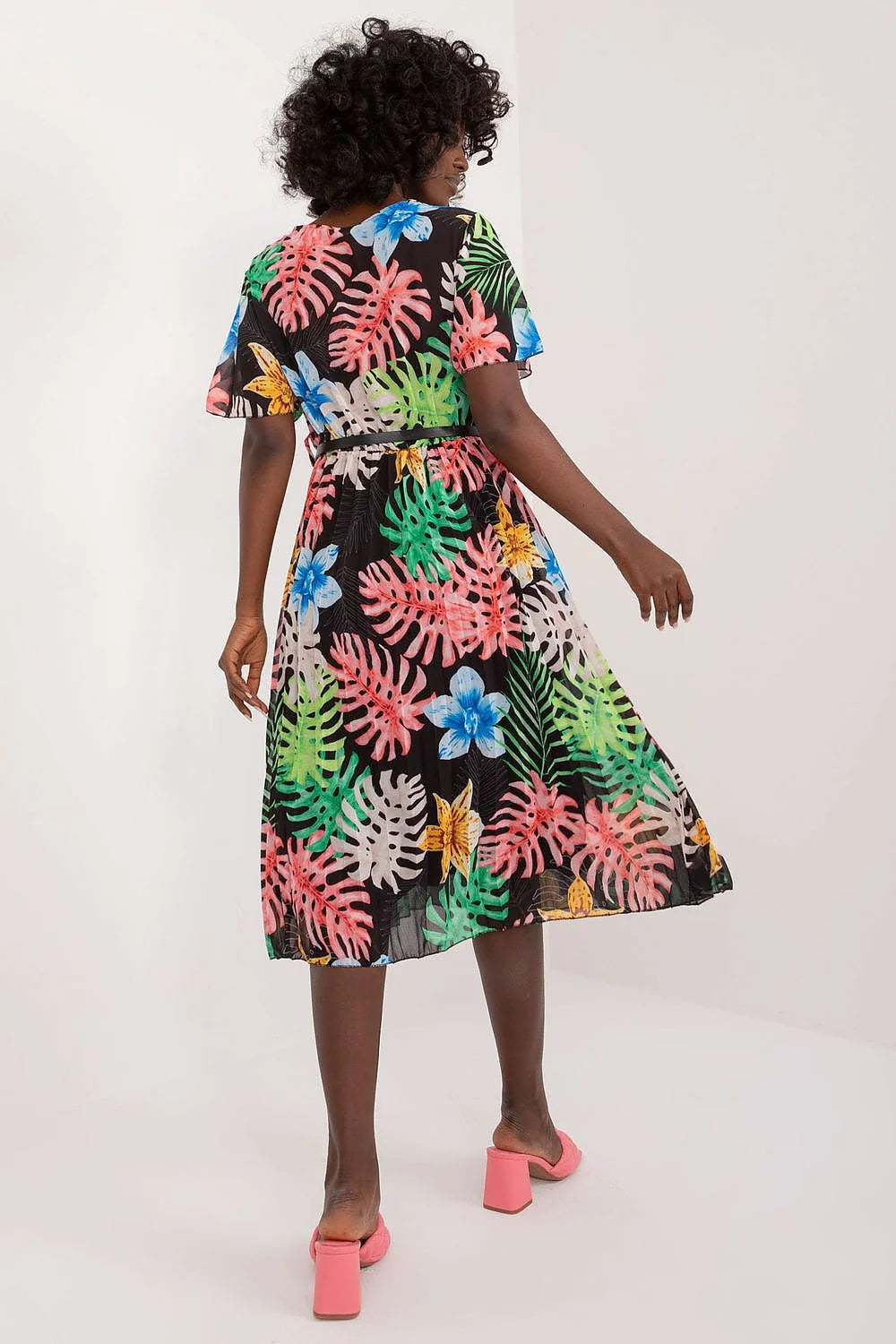 Robe de jour Italy Moda été motifs tropicaux manches courtes ceinture ajustable femme polyester coton