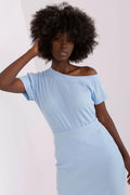 chemisier jupe femme moderne élégante asymétrique manches courtes repliées ajustée taille haute côtelée coton élasthanne pastel bleu polyvalente