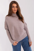 Pull-over femme moderne confortable coupe ample col montant manches longues tissu texturé couleur taupe
