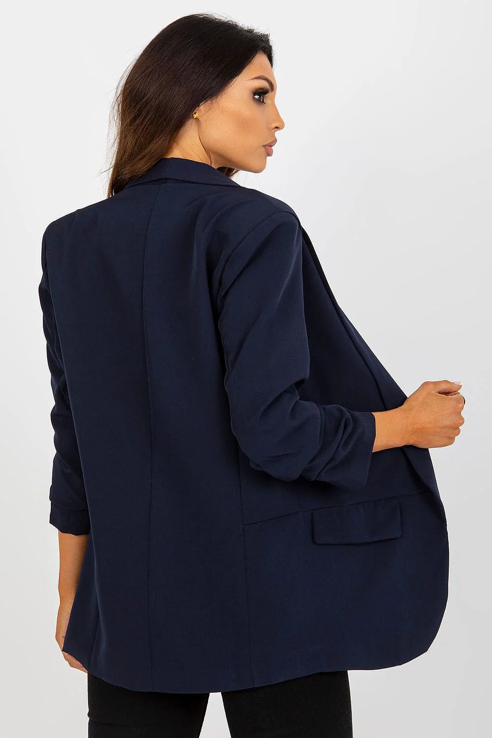 Blazer femme crêpe fluide élégant marron cognac ajusté manches retroussées col châle poches rabat