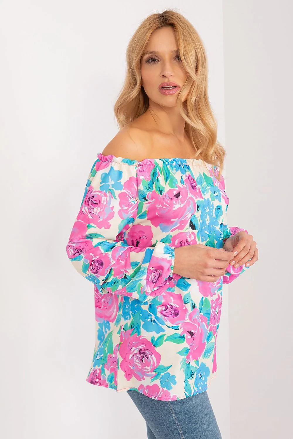 Chemisier féminin off-shoulder imprimé floral coloré été 2023 polyester coton respirant manches longues élastique col large