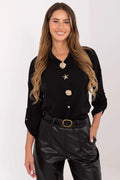 chemise femme noire manches longues retroussables col classique coupe droite tissu fluide satiné boutons dorés broches délicates élégante viscose élasthanne