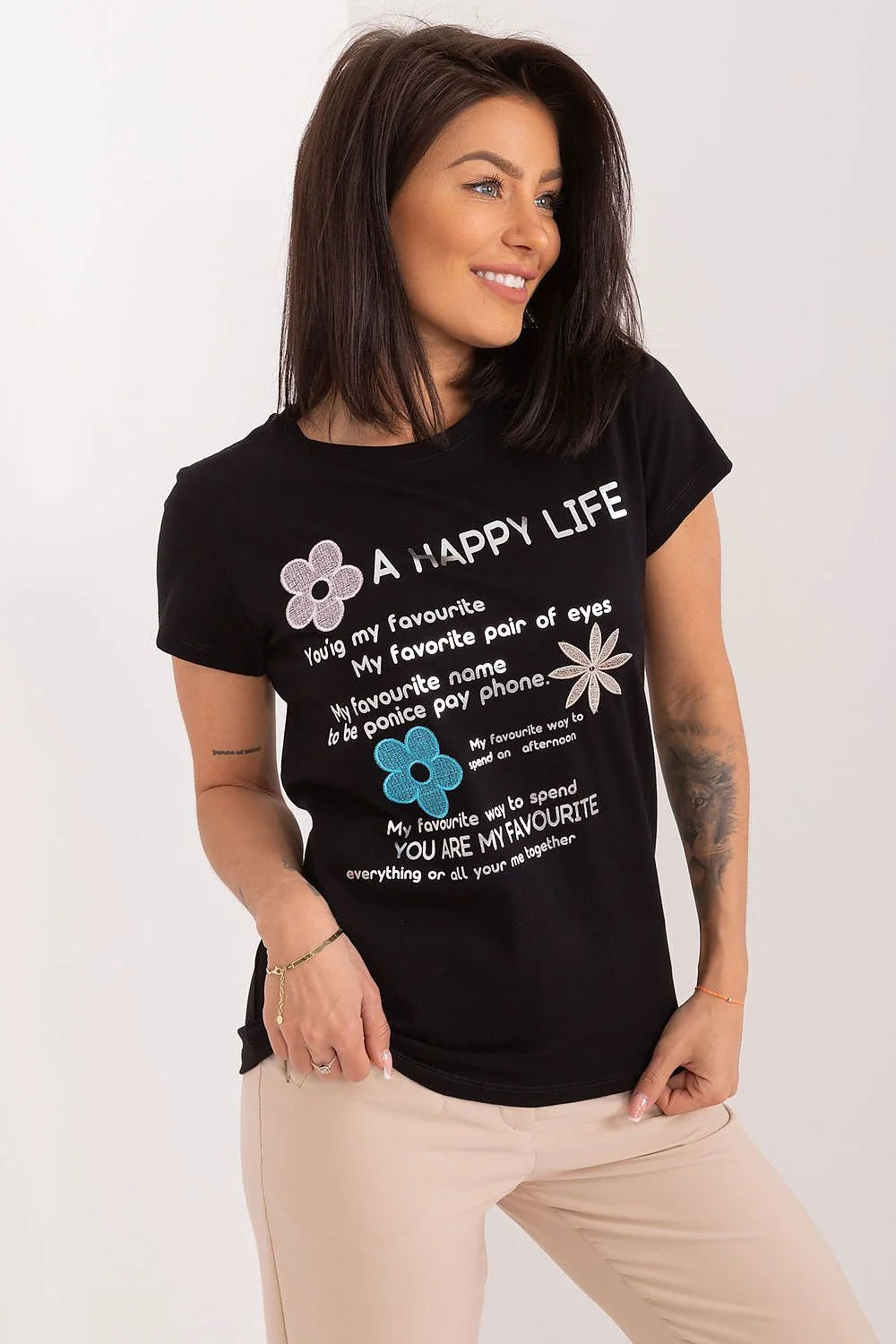 T-shirt femme décontracté style moderne motifs floraux couleur noire coton manches courtes col rond