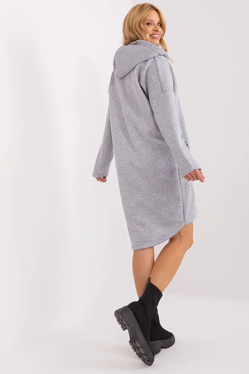 Sweatshirt longue pour femme en coton polyester gris clair capuche fermeture éclair coupe ample style décontracté