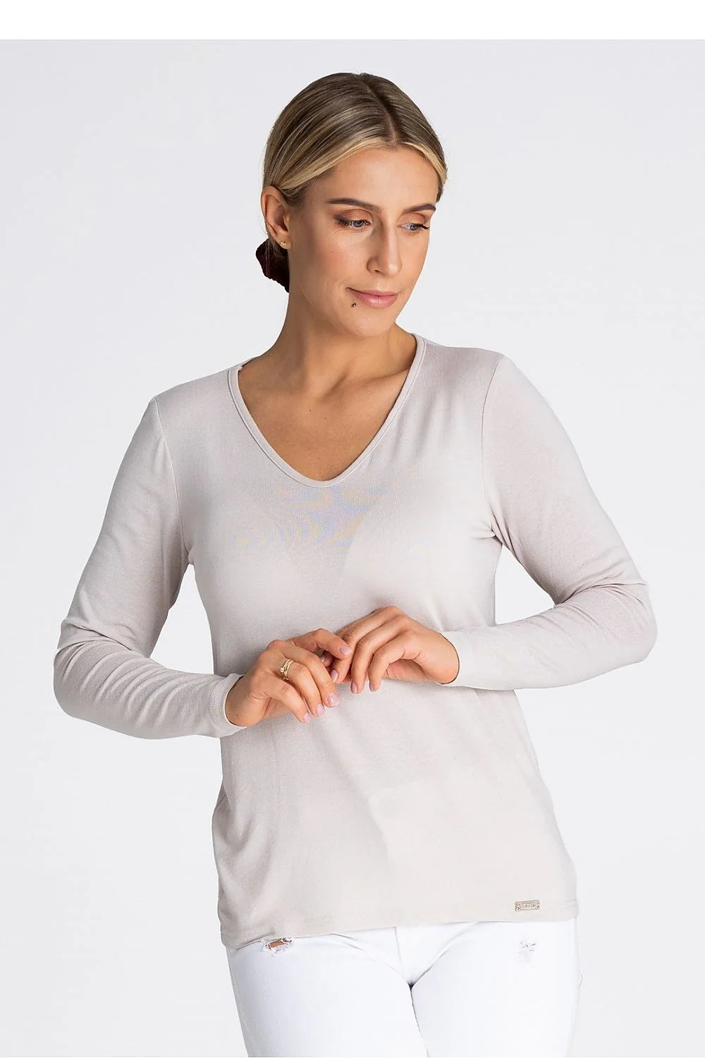 Chemisier en viscose élégant pour femmes, longues manches, col V, confortable, style polyvalent, élasthanne 6%, beige clair, coupe ajustée