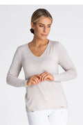 Chemisier en viscose élégant pour femmes, longues manches, col V, confortable, style polyvalent, élasthanne 6%, beige clair, coupe ajustée