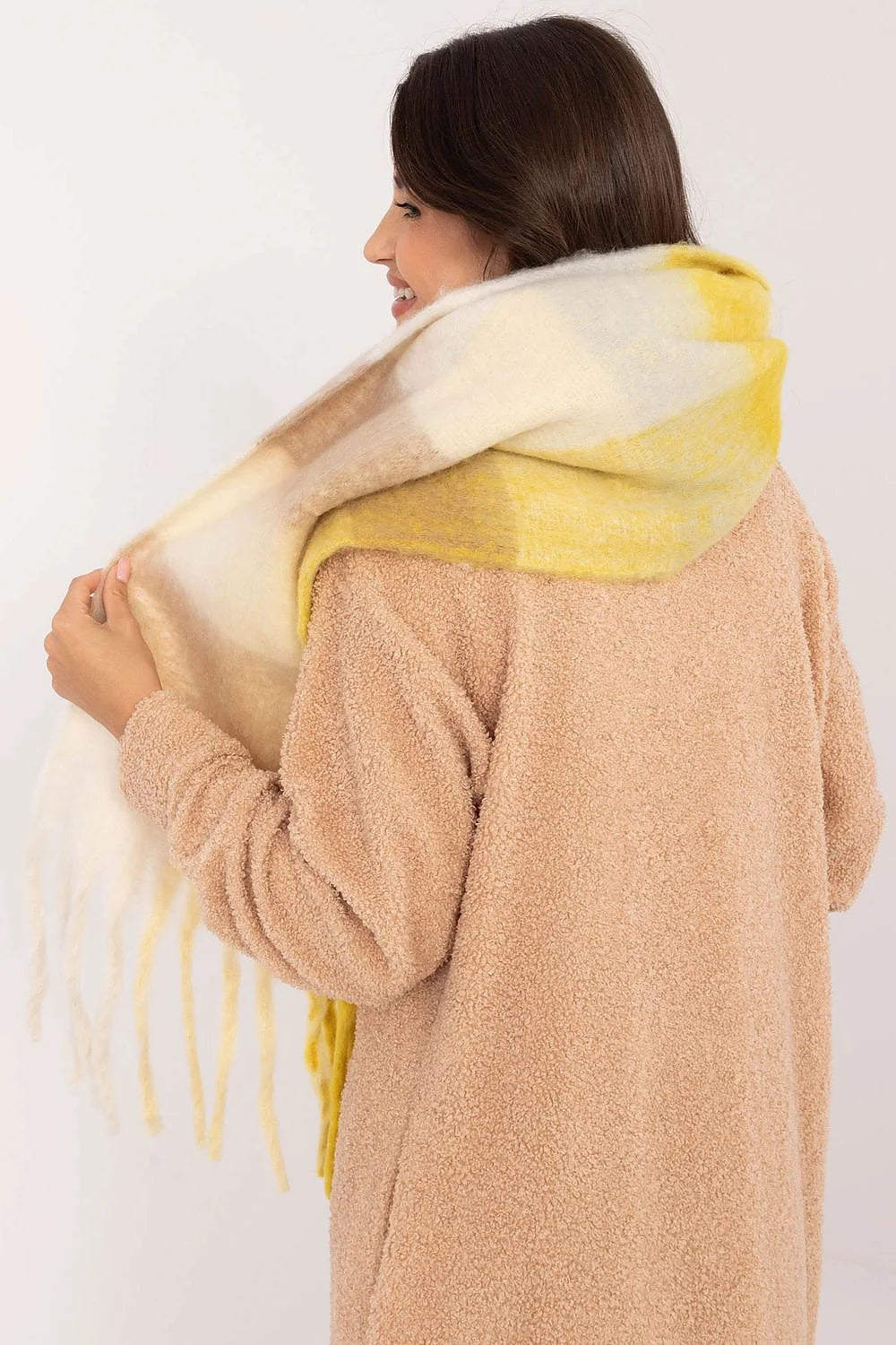 Écharpe à carreaux pour femmes en polyester doux longue épaisse chaleureuse franges beige crème jaune moutarde automne hiver