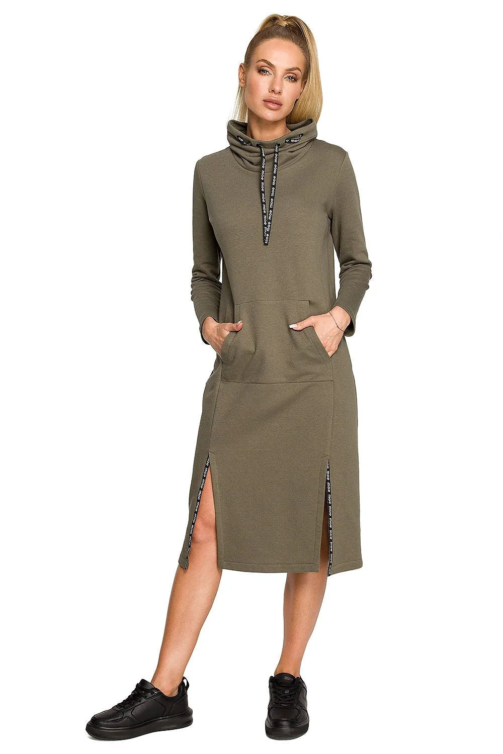 Robe de jour Moe style casual couleur rose pastel manches longues col rouleau poche kangourou femme