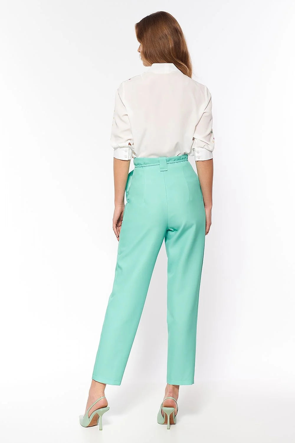 Pantalon femme crêpe bleu vif élégant taille haute ceinture nouée chic pour soirée
