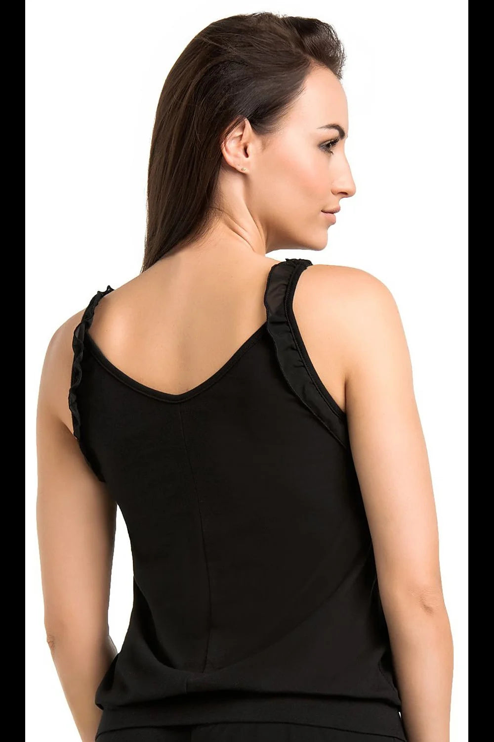 Chemise de nuit élégante pour femme, bretelles larges volants, noir, matière douce, coupe ajustée, confortable