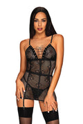 Nuisette en dentelle noire sexy ajustée avec laçage floral transparent et bretelles ajustables femme élégante