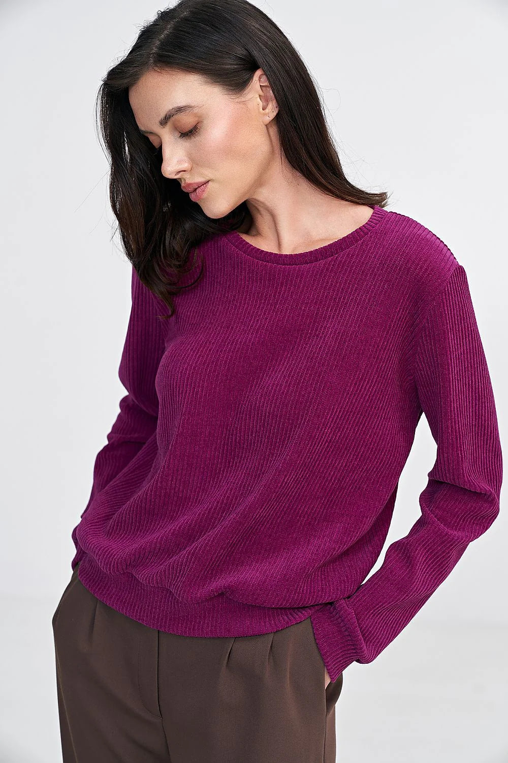 Chemisier Nife pour femme en tricot côtelé fuchsia style classique manches longues col rond