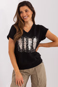 chemisier femme coton élasthanne manches courtes col V noir imprimé plumes argentées coupe droite décontracté chic