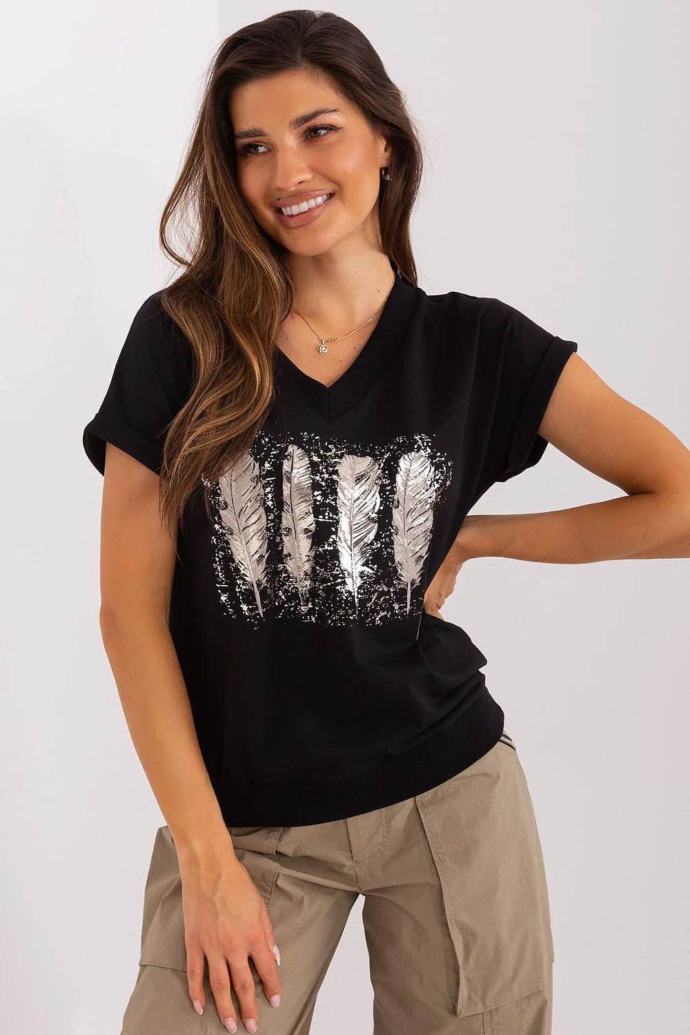 chemisier femme coton élasthanne manches courtes col V noir imprimé plumes argentées coupe droite décontracté chic