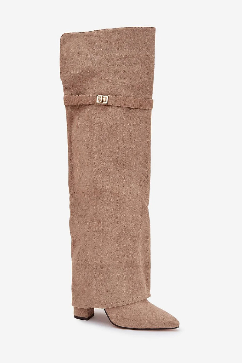 cuissardes cuir suédé écologique daim beige taupe tige haute droite genou bout pointu talon bloc boucle dorée