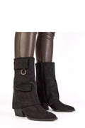 bottines noires suède femme talon carré bas 7cm mi mollet fermeture zippée poches rabat anneau métallique élégantes polyvalentes confortables