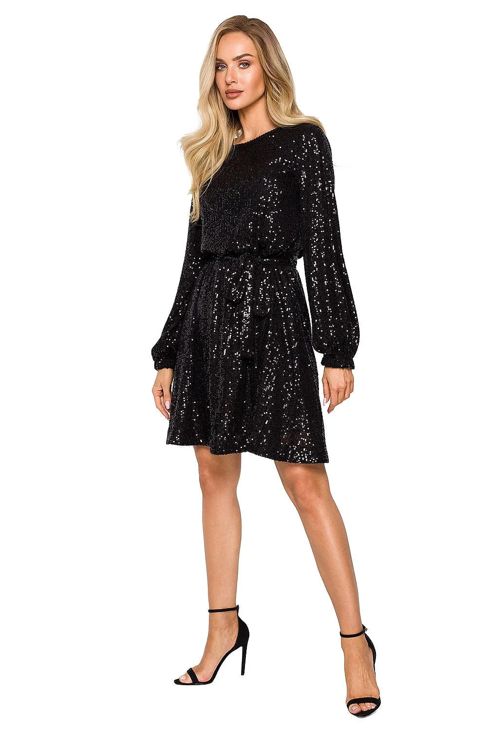 Robe de soirée élégante à paillettes argentées longueur genoux manches longues col rond ceinture nouable femme