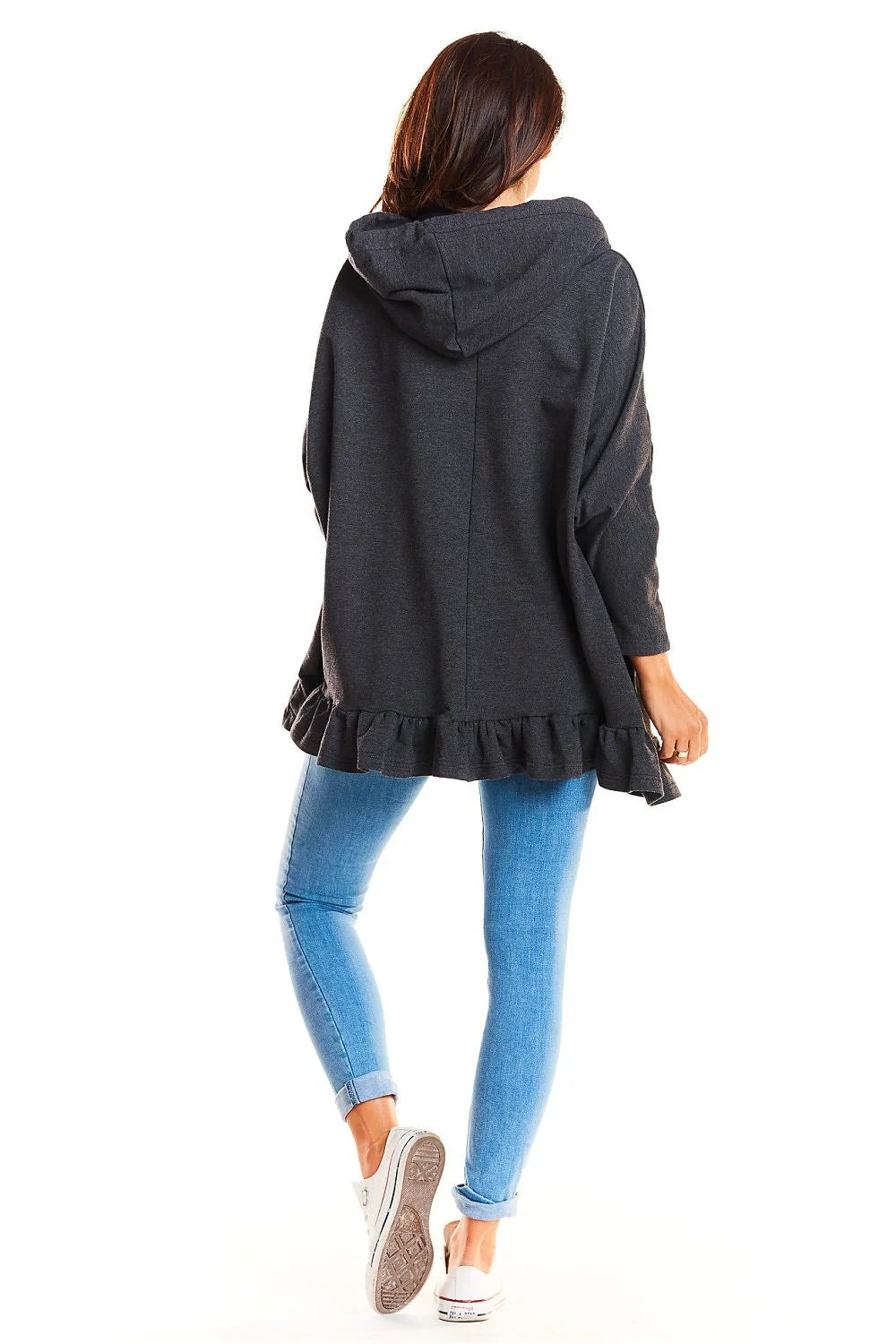 Sweat à capuche coton gris clair ample confortable avec volants pour style décontracté chic quotidien