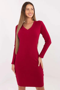 robe crayon moulante bordeaux maille côtelée coton élasthanne extensible maintien confortable encolure V manches longues longueur genou