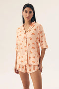 pyjama henderson femme élégante confortable détente léger tissu fluide viscose manches trois quarts chemise boutonnée short évasé imprimé mandarines pêche