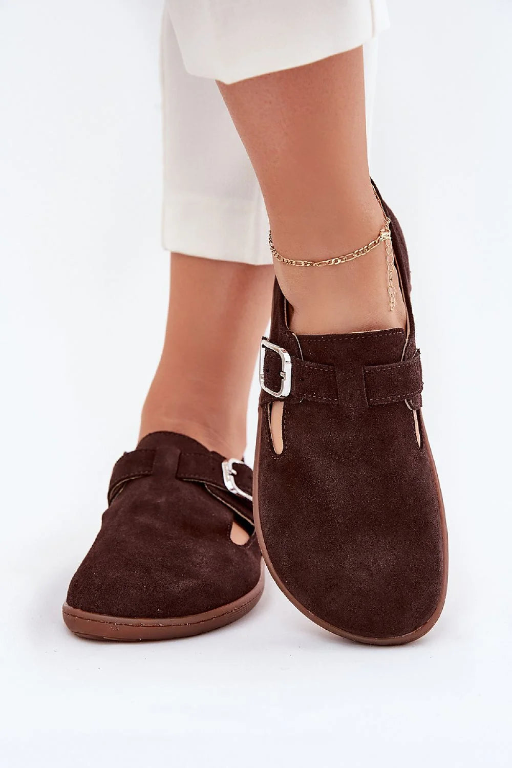 Chaussures basses Step in style design moderne cuir suédé brun foncé bride métallique femmes confortable