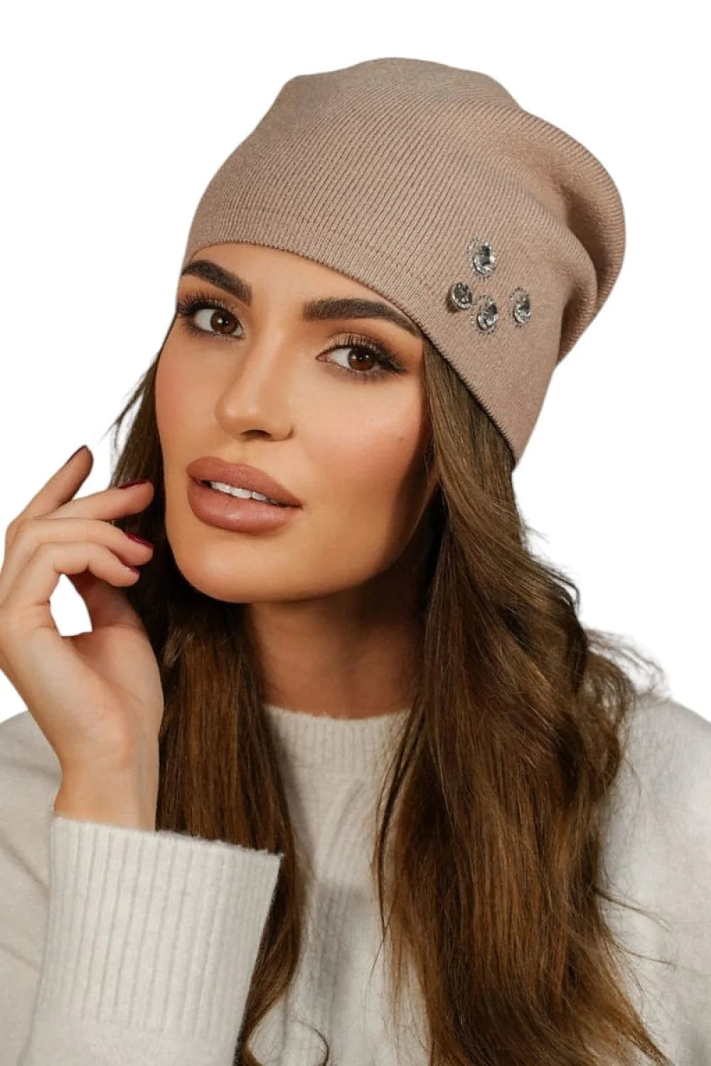 bonnet tricot femme moderne élégant beige doux confortable oversize tombé lâche côtelée extensible orné strass zircons tempes chic