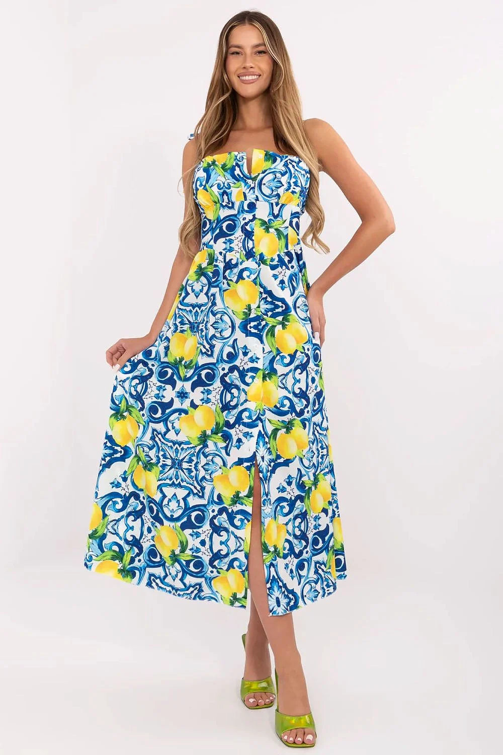 Robe été Italy Moda imprimé floral géométrique vibrant midi coton ajusté bretelles corset