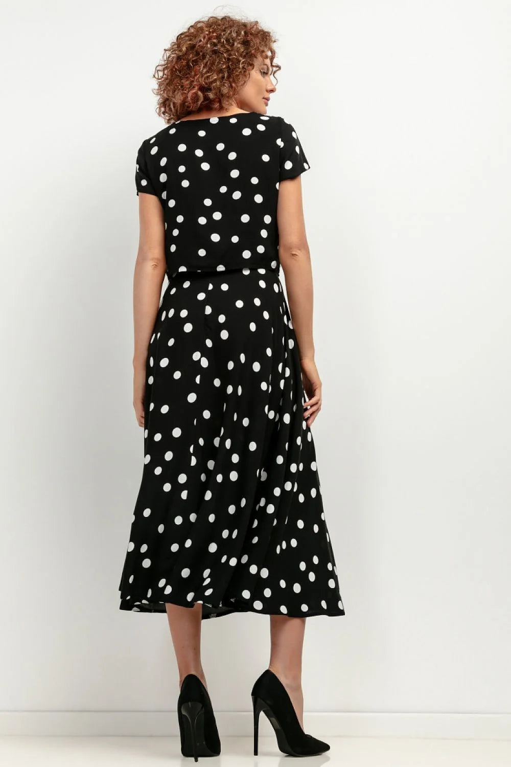 Robe élégante pour femme à motifs polka dot noir et blanc manches courtes jupe évasée en viscose taille ajustable