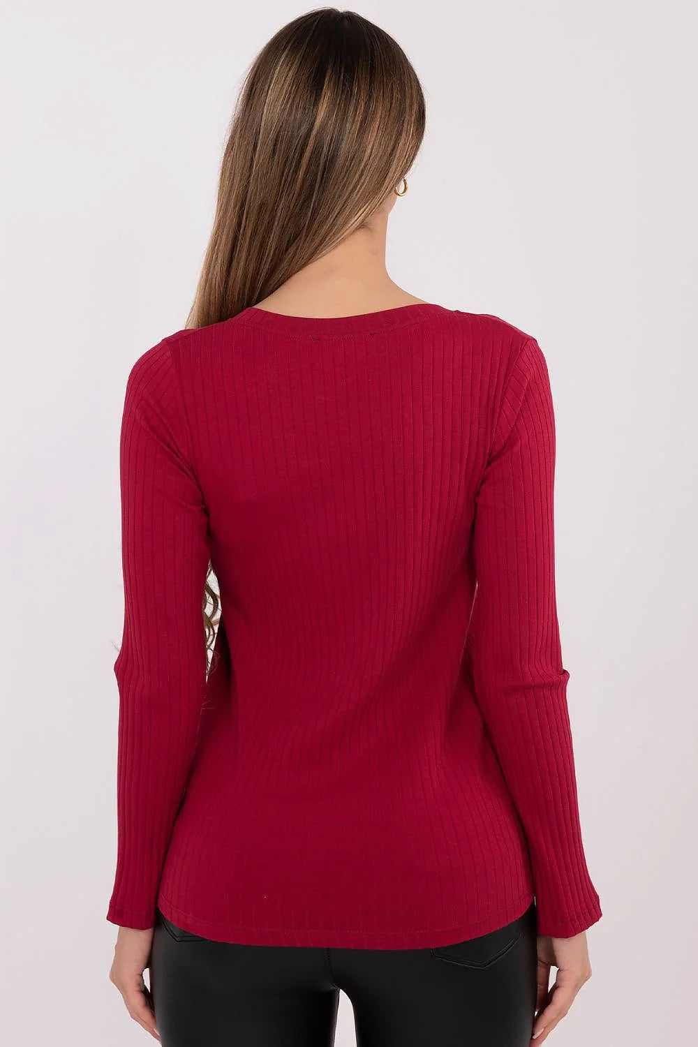 chemisier femme bordeaux côtelé col V boutonné boutons argentés ajusté extensible coton elasthanne confortable manches longues longueur hanches polyvalent