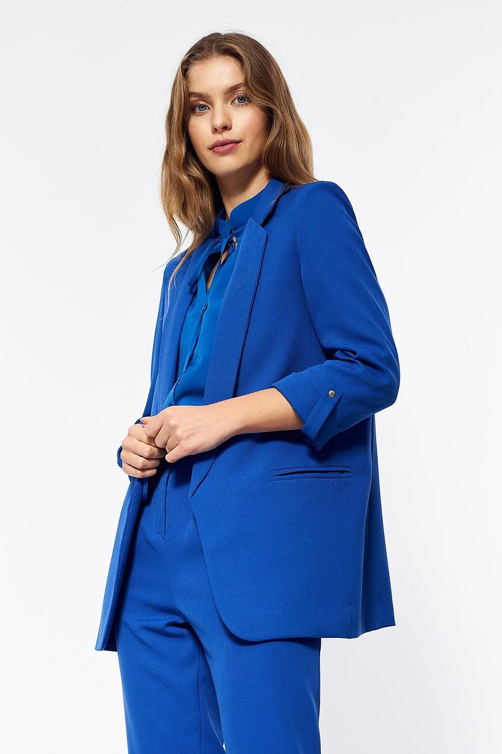 Ensemble de mode féminine aqua tailleur blazer blouse chemisier polka dot hauts bas trousers高腰