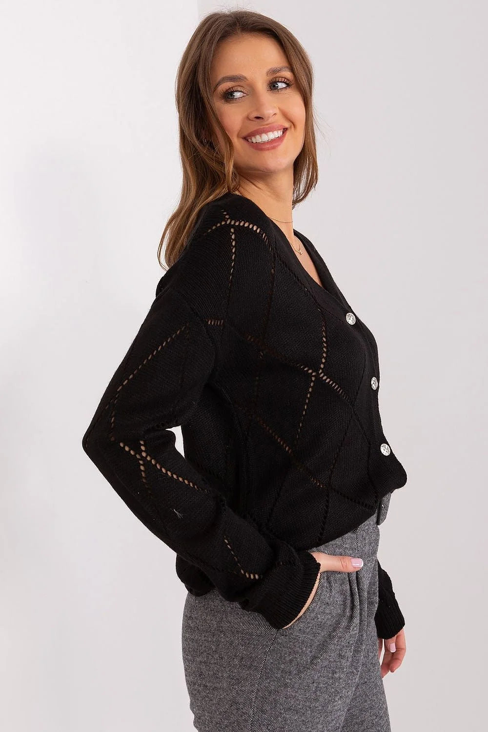 Cardigan Rue Paris élégant pour femme noir motif losange bord côtes manches longues col V fermeture boutons oversize confort mode chaud