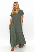 Robe de jour Makadamia longue ample en viscose vert olive col V manches courtes style décontracté femme