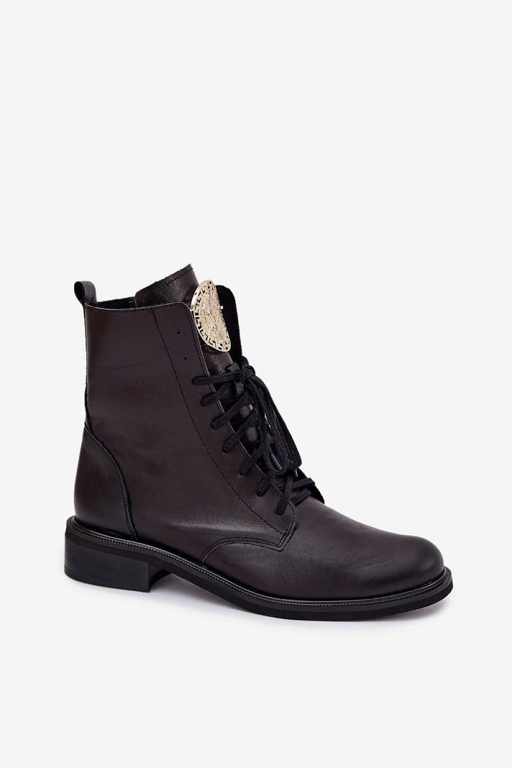 bottines femme cuir naturel noir lacets fermeture éclair talon 3cm cheville bout arrondi languette médaillon doré couture discrète